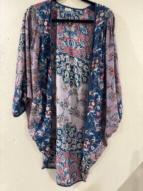 Mahila floral print cocoon kimono vibrant blue, pink lavender bohemian pattern
